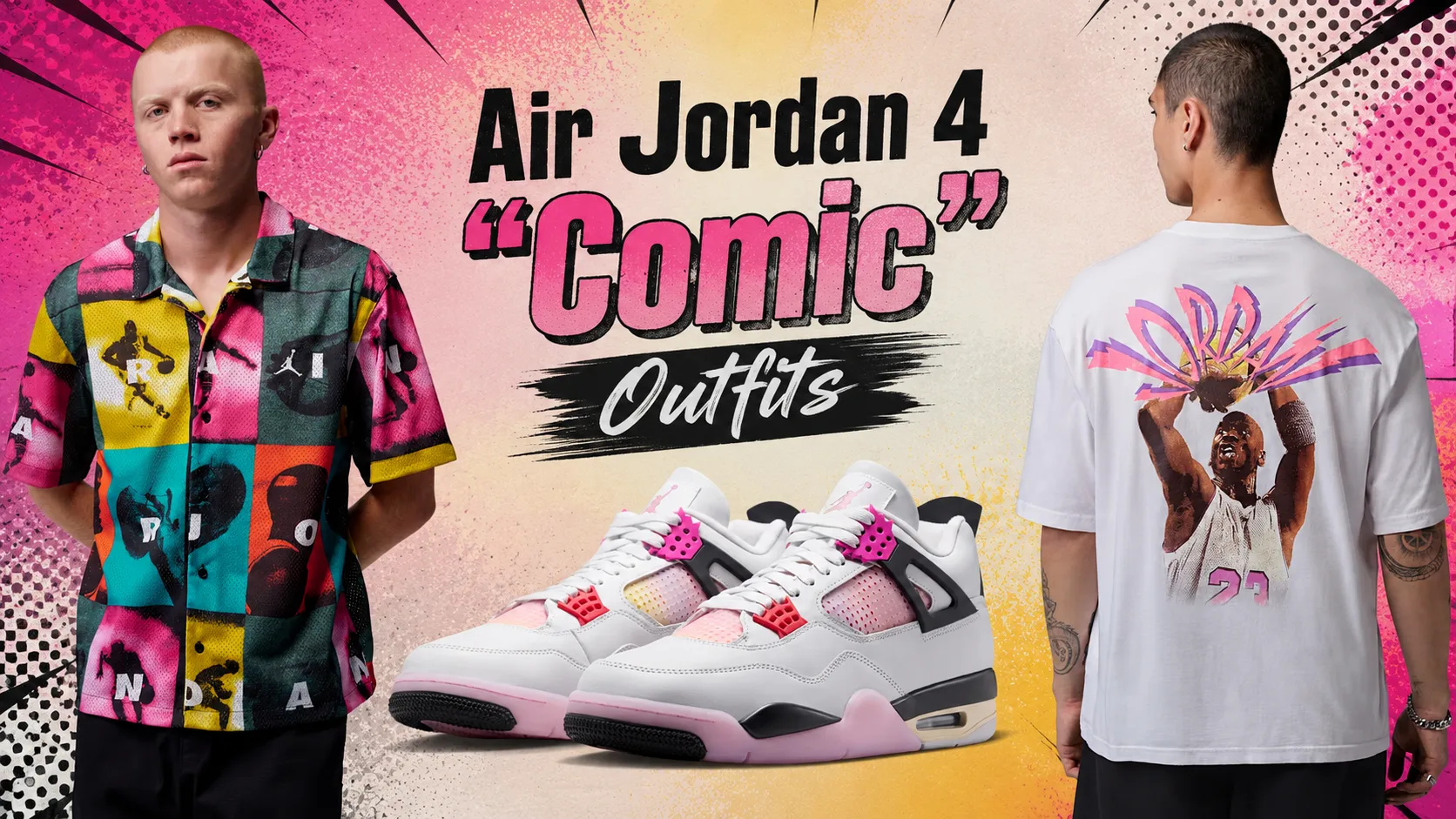 Air Jordan 4 “Comic” sneakers with matching multicolor and white Jordan shirts.