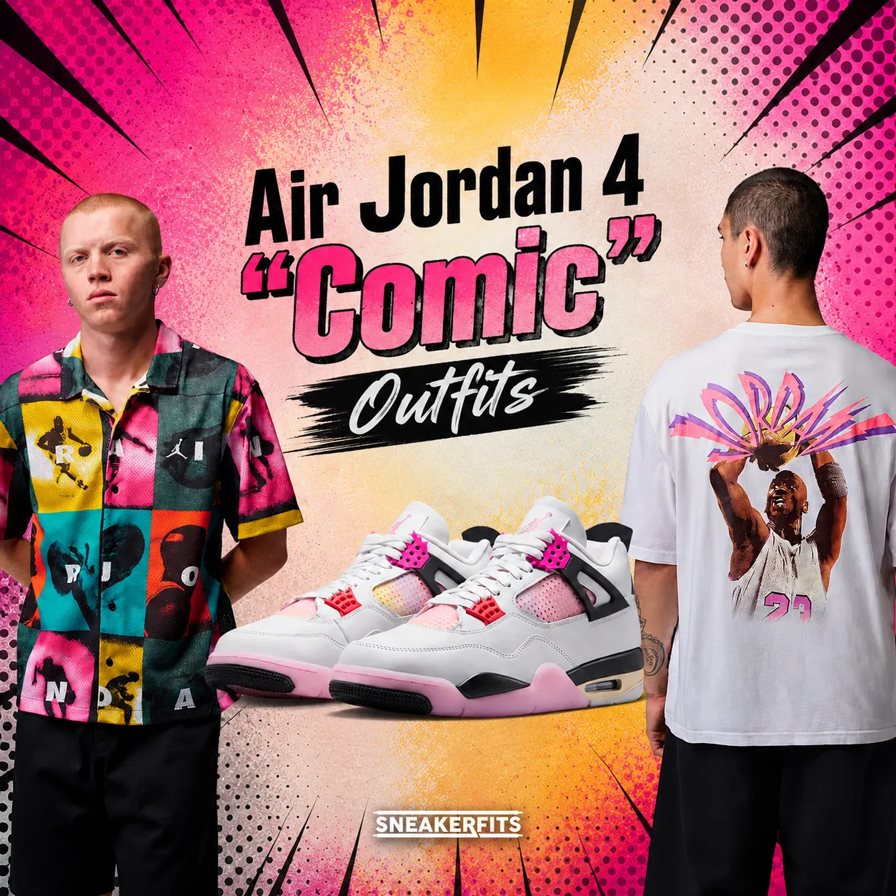 Air Jordan 4 "Comic" sneakers with matching Jordan apparel featured in a SneakerFits outfit inspiration graphic.