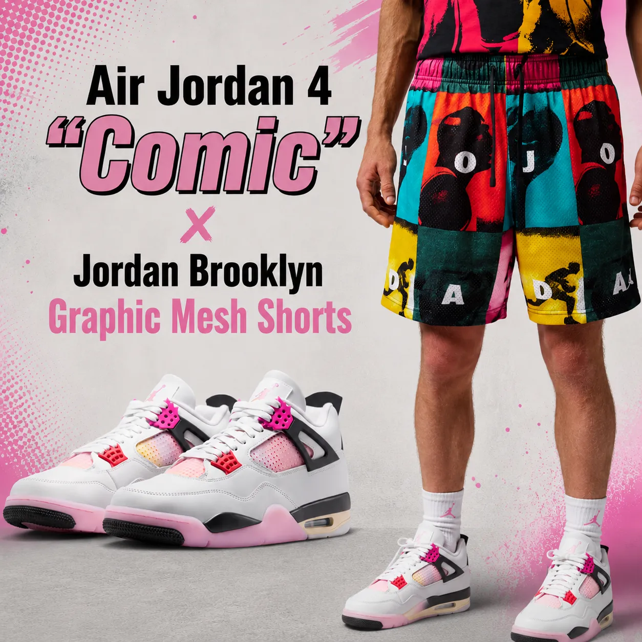 Air Jordan 4 "Comic" sneakers paired with Jordan Brooklyn Graphic Mesh Shorts, shown in a SneakerFits-style outfit graphic featuring matching apparel inspiration.