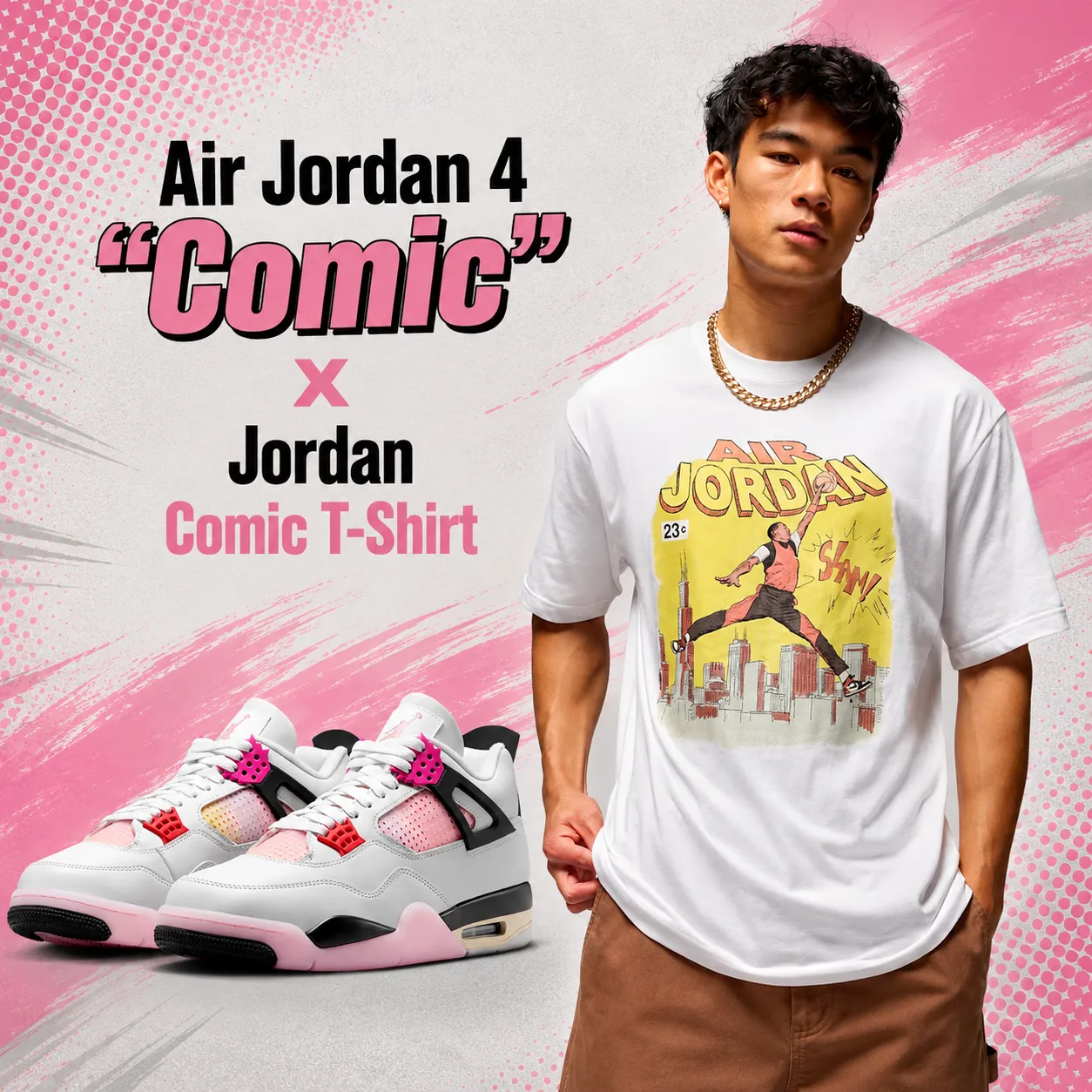 Air Jordan 4 "Comic" sneakers paired with the Jordan Comic T-Shirt in White.