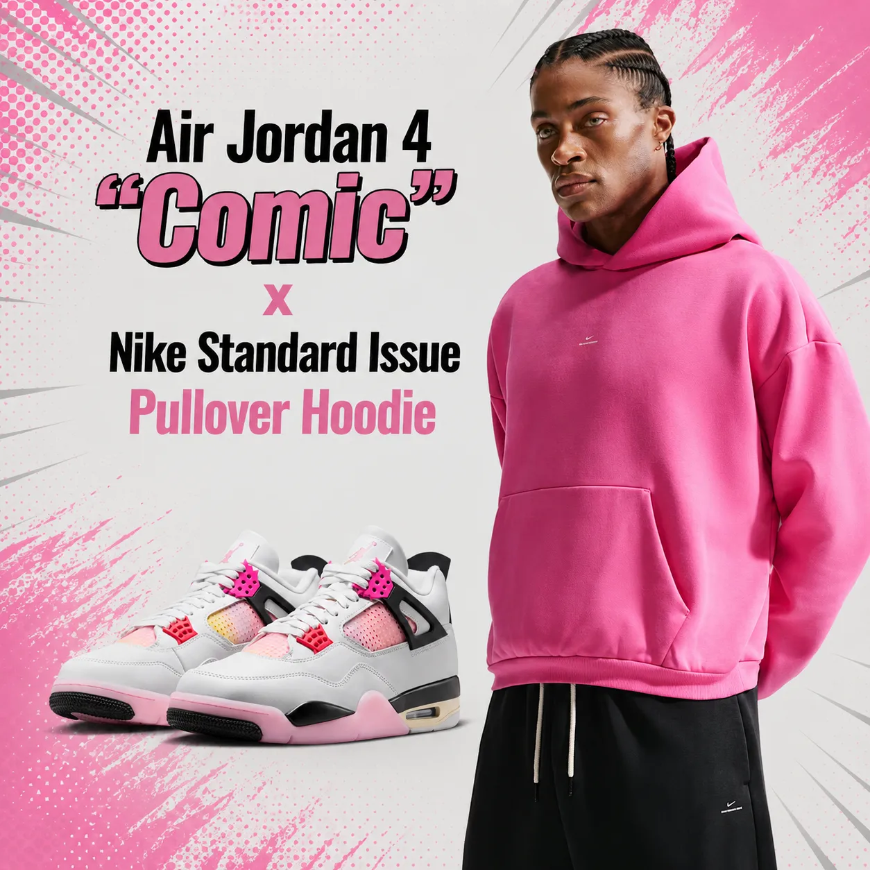 Air Jordan 4 “Comic” sneakers paired with the pink Nike Standard Issue Pullover Hoodie.