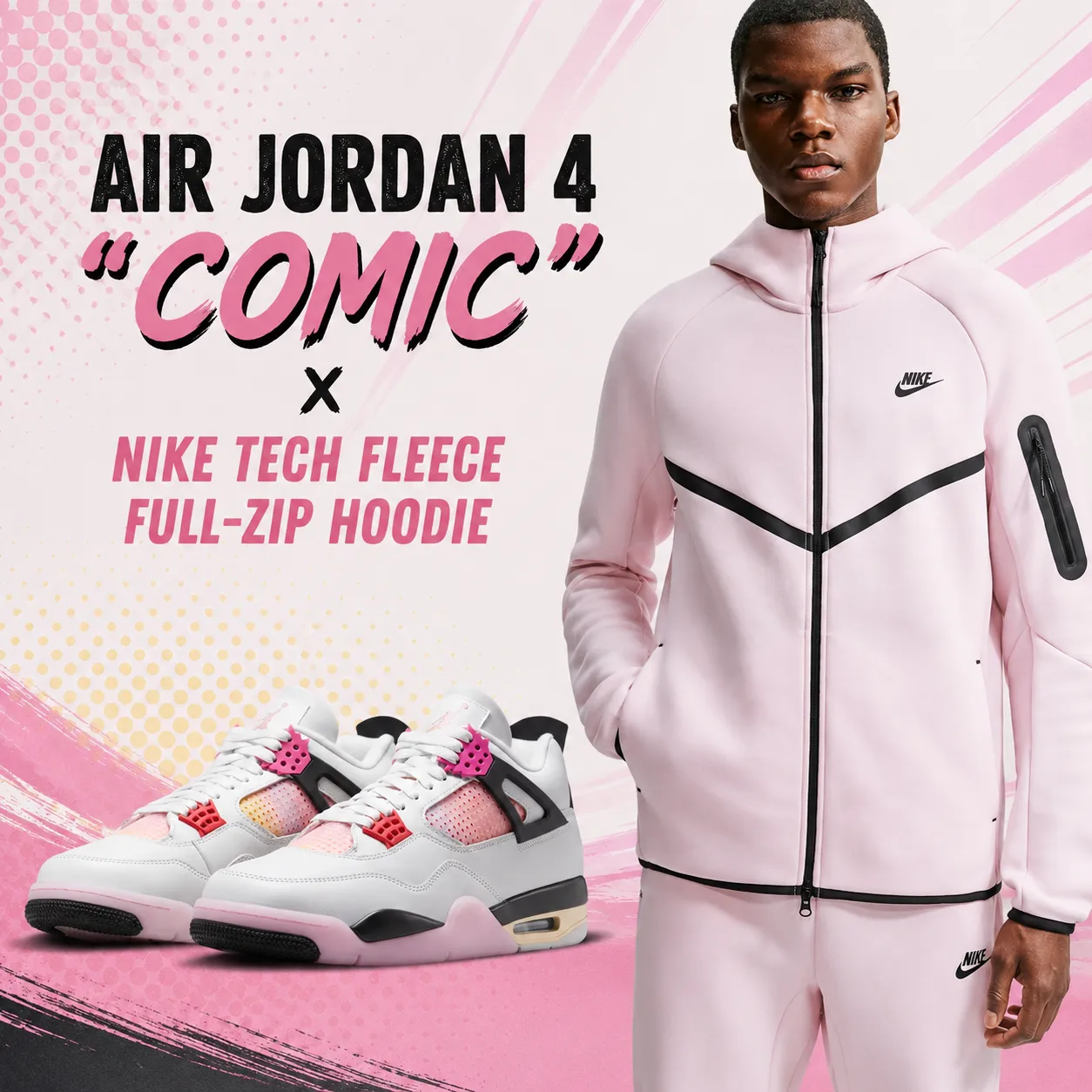 Nike Tech Fleece Full-Zip Hoodie in Pink Foam styled with the Air Jordan 4 "Comic" sneakers for a matching outfit inspiration.