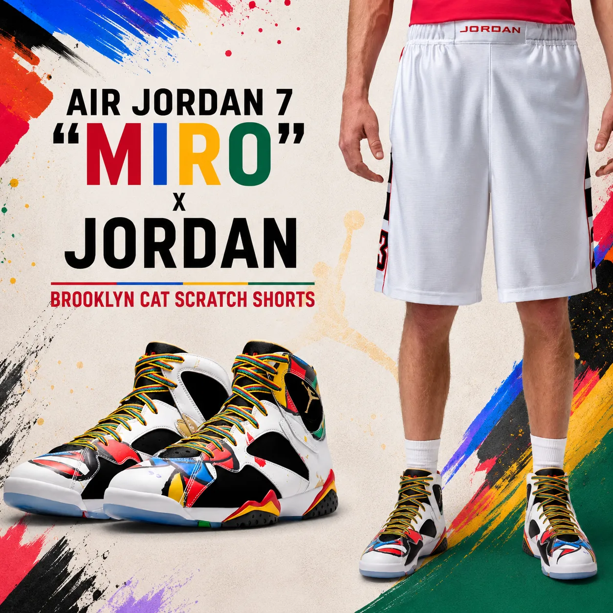 Air Jordan 7 "Miro" sneakers paired with Jordan Brooklyn Cat Scratch Shorts in a matching outfit inspiration graphic.