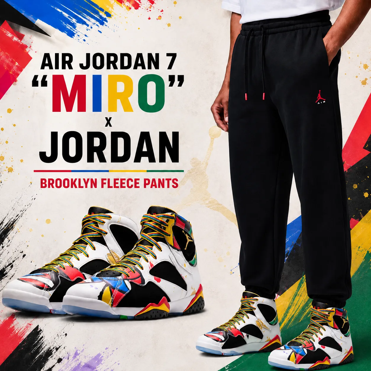 Air Jordan 7 "Miro" sneakers paired with Jordan Brooklyn Fleece Jogger Pants in black for a matching outfit idea.