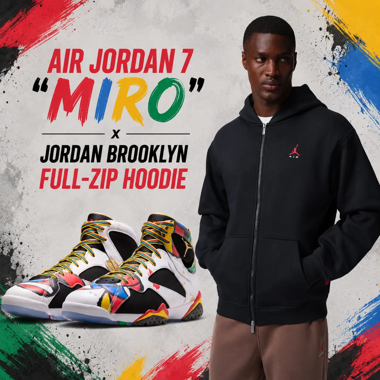 Air Jordan 7 "Miro" sneakers paired with the Jordan Brooklyn Full-Zip Hoodie in Black and University Red for a matching outfit.