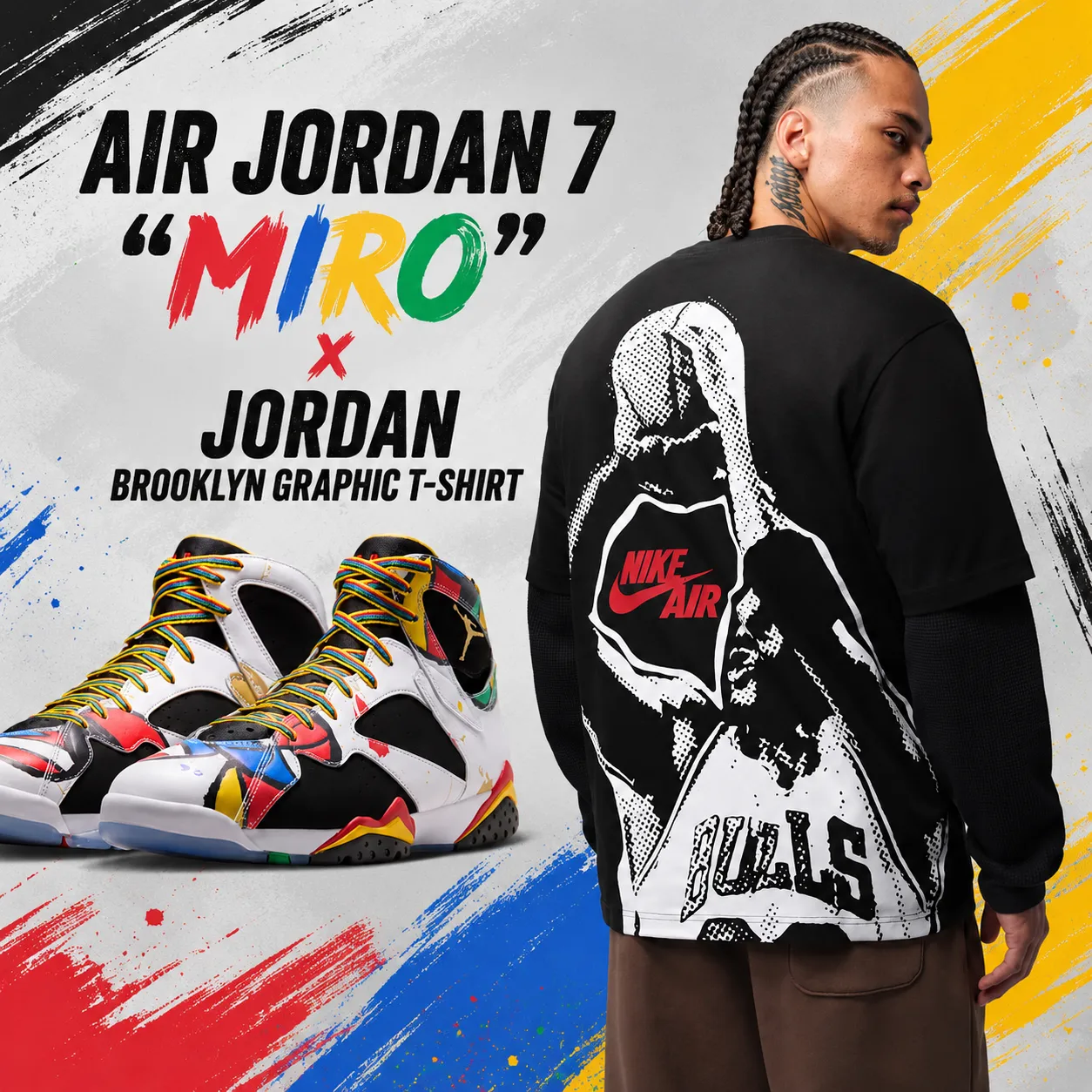 Air Jordan 7 "Miro" sneakers paired with the Jordan Brooklyn Graphic T-Shirt featuring the back graphic in a colorful promotional outfit graphic inspired by the sneaker's multicolor design.