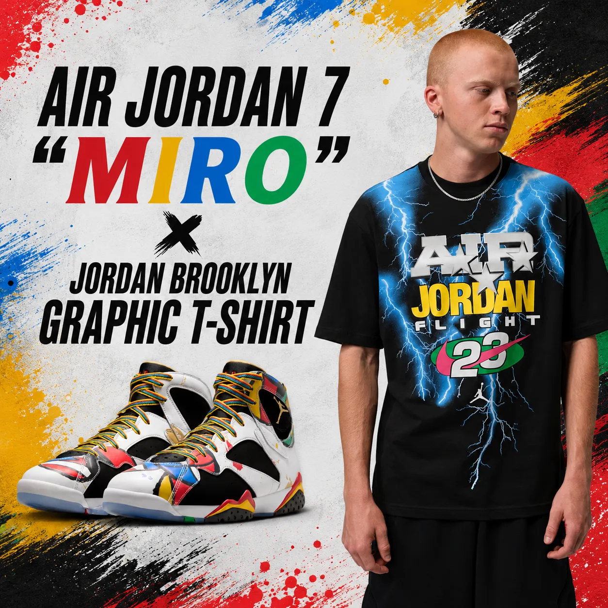Air Jordan 7 "Miro" sneakers displayed alongside a model wearing the Jordan Brooklyn Graphic T-Shirt in a colorful promotional graphic inspired by the sneaker's vibrant color palette.