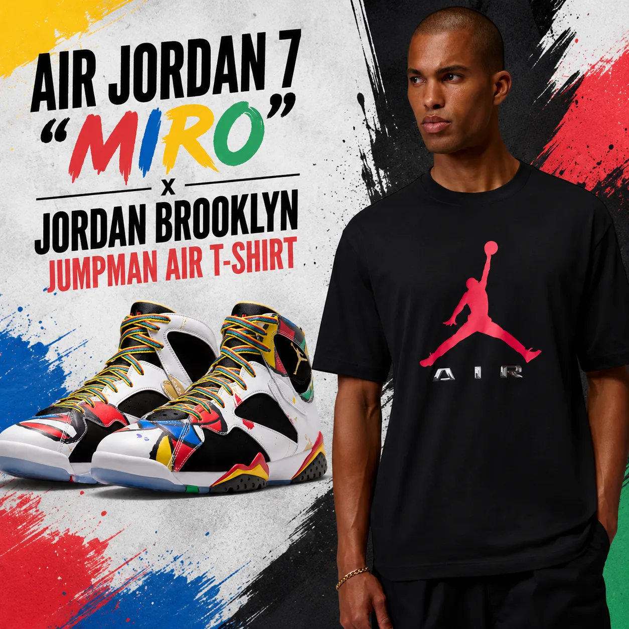 Air Jordan 7 "Miro" sneakers paired with the Jordan Brooklyn Jumpman Air T-Shirt in a colorful outfit inspiration graphic.