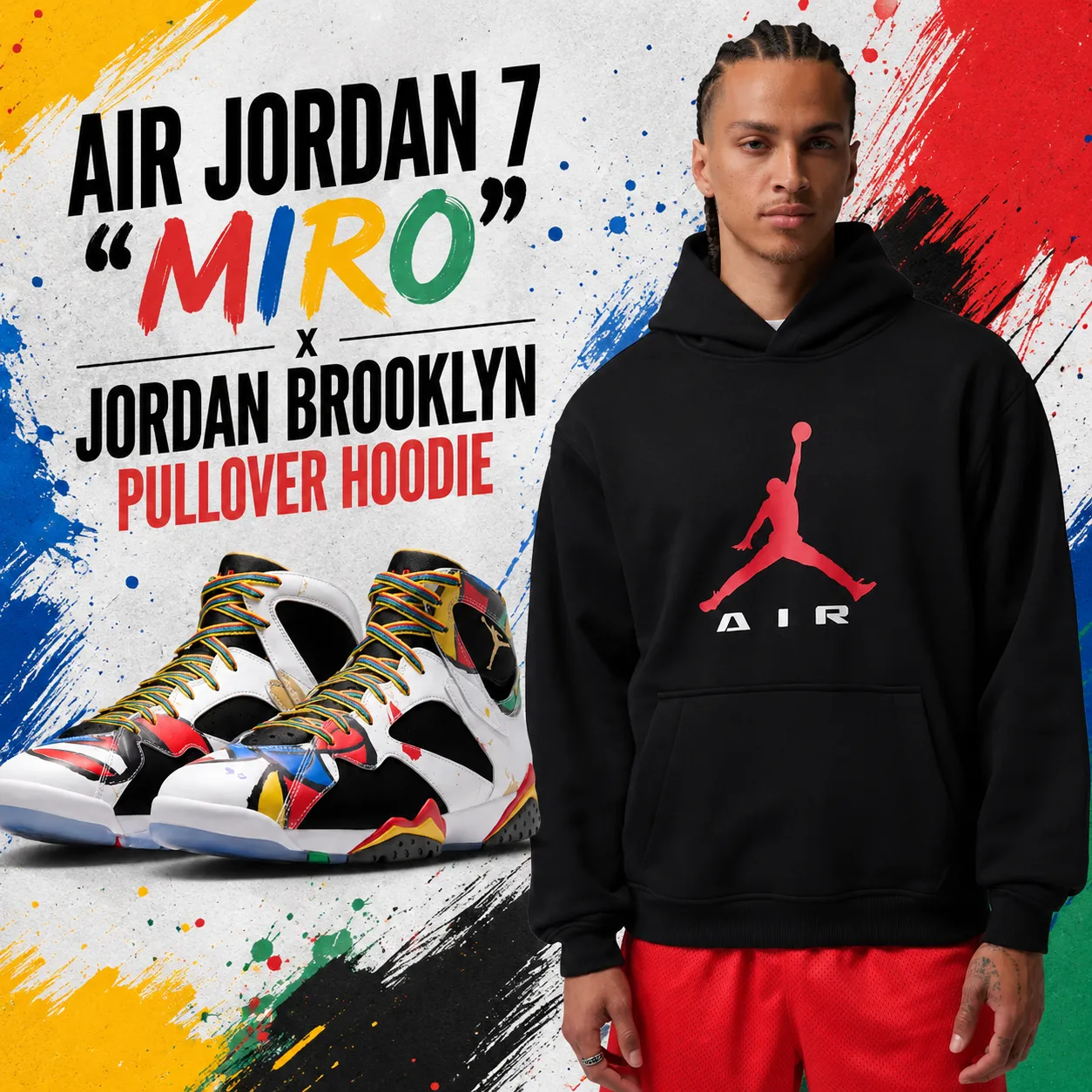 Air Jordan 7 "Miro" sneakers paired with the Jordan Brooklyn Pullover Hoodie in a colorful outfit inspiration graphic featuring paint-inspired background elements.
