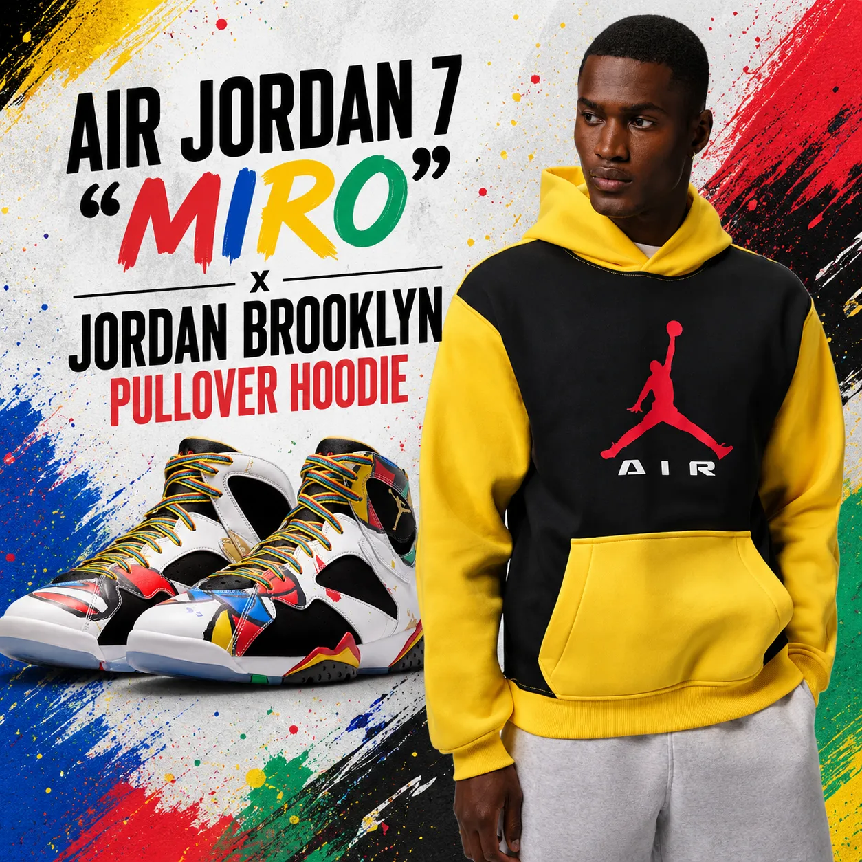 Air Jordan 7 "Miro" sneakers paired with the Jordan Brooklyn Pullover Hoodie in Black and Tour Yellow for a matching outfit idea.