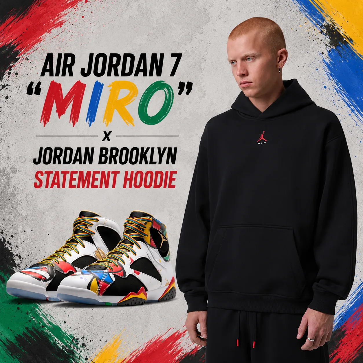 Air Jordan 7 "Miro" sneakers paired with the Jordan Brooklyn Statement Hoodie in a promotional outfit graphic featuring matching apparel inspiration.