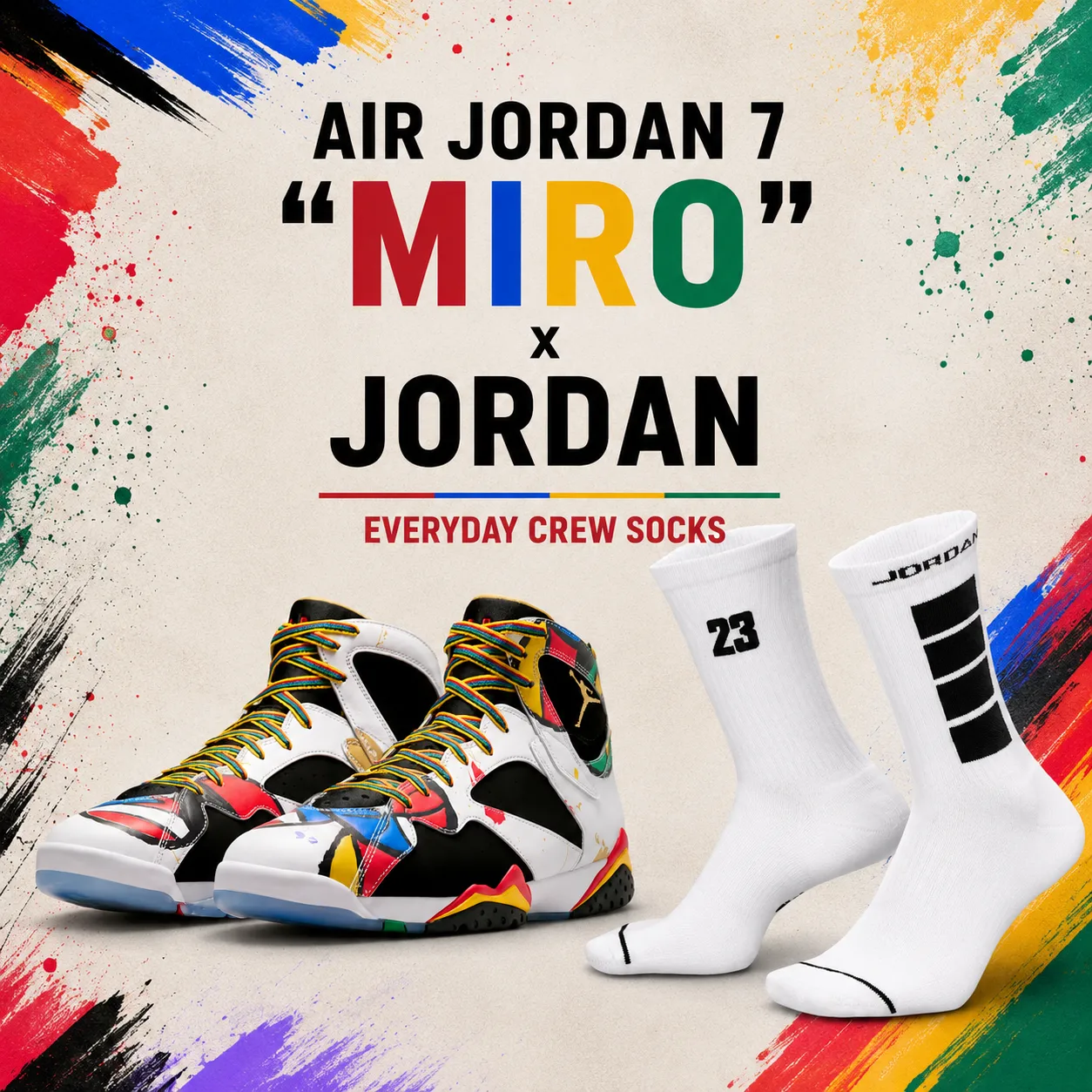 Air Jordan 7 "Miro" sneakers paired with Jordan Everyday Crew Socks in a colorful promotional graphic featuring the sneakers alongside the white crew socks on an artistic background inspired by the sneaker's multicolor design.