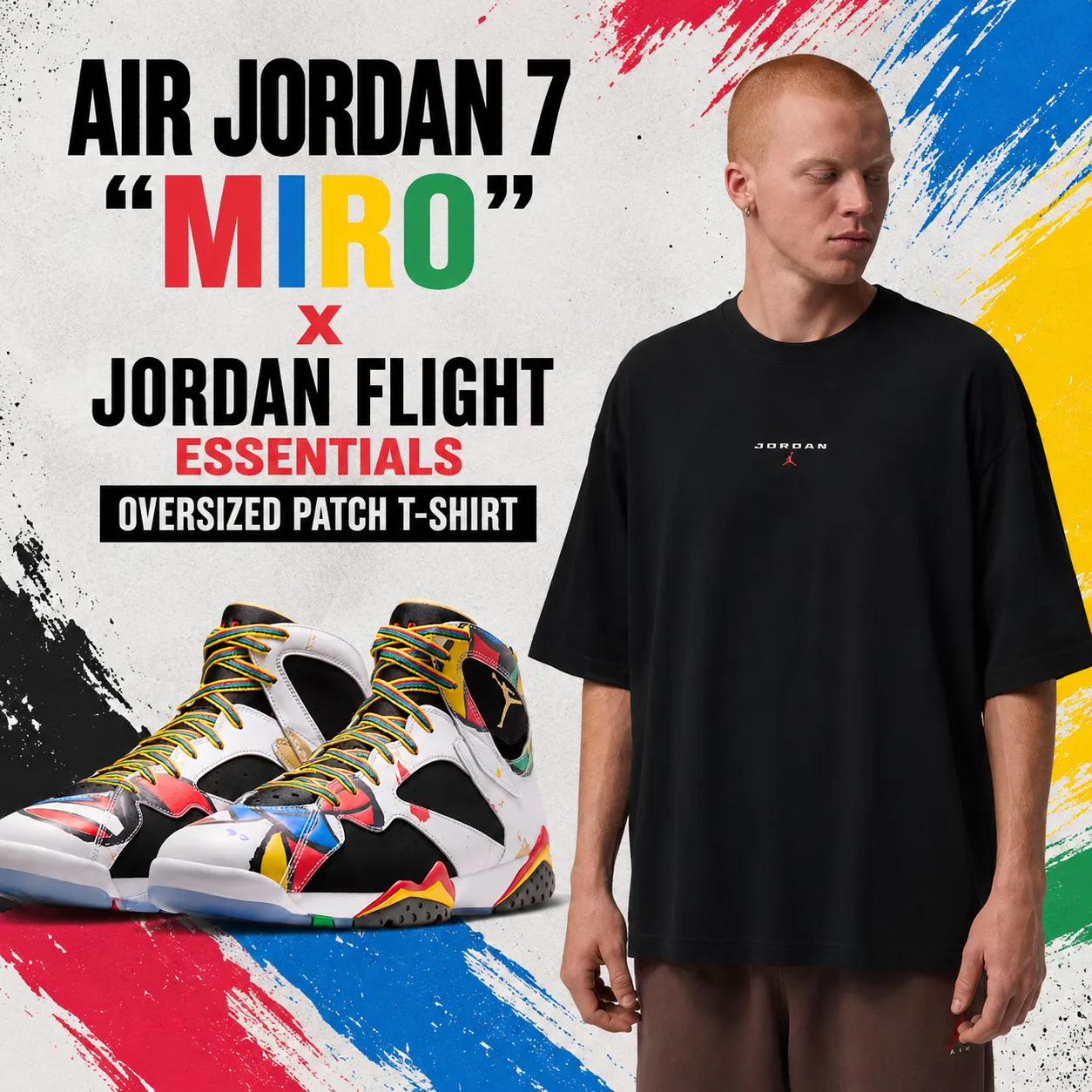 Air Jordan 7 "Miro" sneakers paired with the black Jordan Flight Essentials Oversized Patch T-Shirt in a colorful promotional graphic inspired by the sneaker's multicolor design.