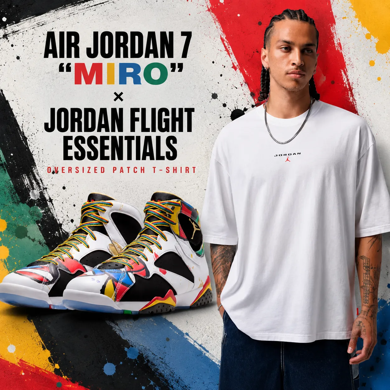 ir Jordan 7 "Miro" sneakers paired with the white Jordan Flight Essentials Oversized Patch T-Shirt in a colorful promotional graphic inspired by the sneaker's multicolor design.