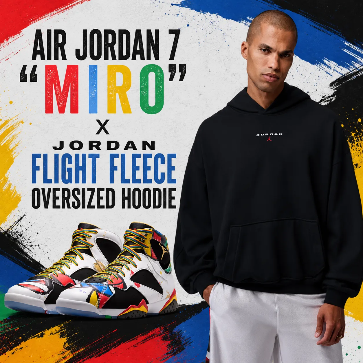 Air Jordan 7 "Miro" sneakers paired with the Jordan Flight Fleece Oversized Hoodie in a colorful outfit inspiration graphic.