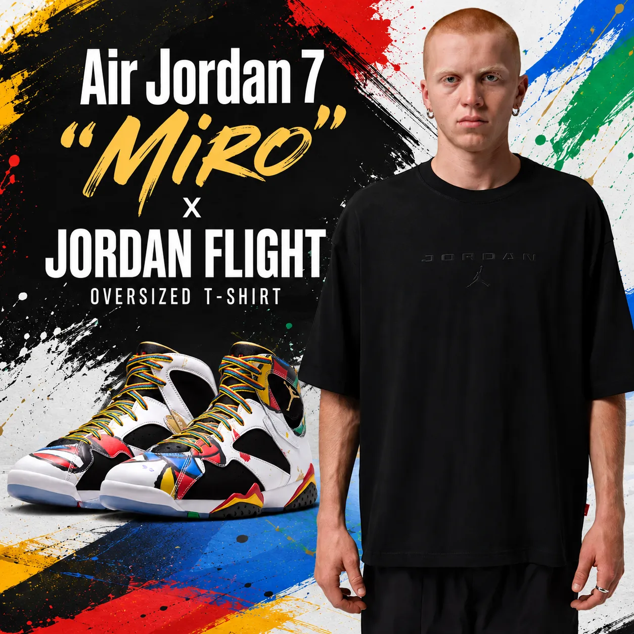 Promotional graphic featuring the Air Jordan 7 "Miro" sneakers paired with the Jordan Flight Oversized Black T-Shirt on a colorful paint-inspired background.