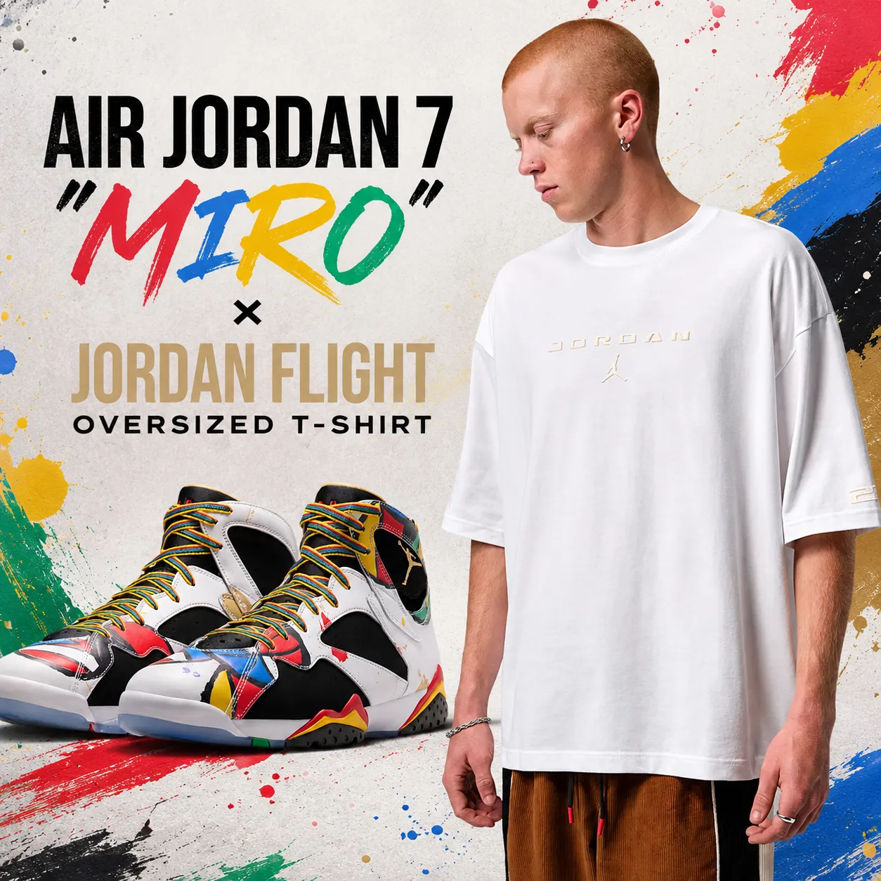 Air Jordan 7 "Miro" sneakers paired with the white Jordan Flight Oversized T-Shirt in a colorful promotional graphic inspired by the sneaker's multicolor design.