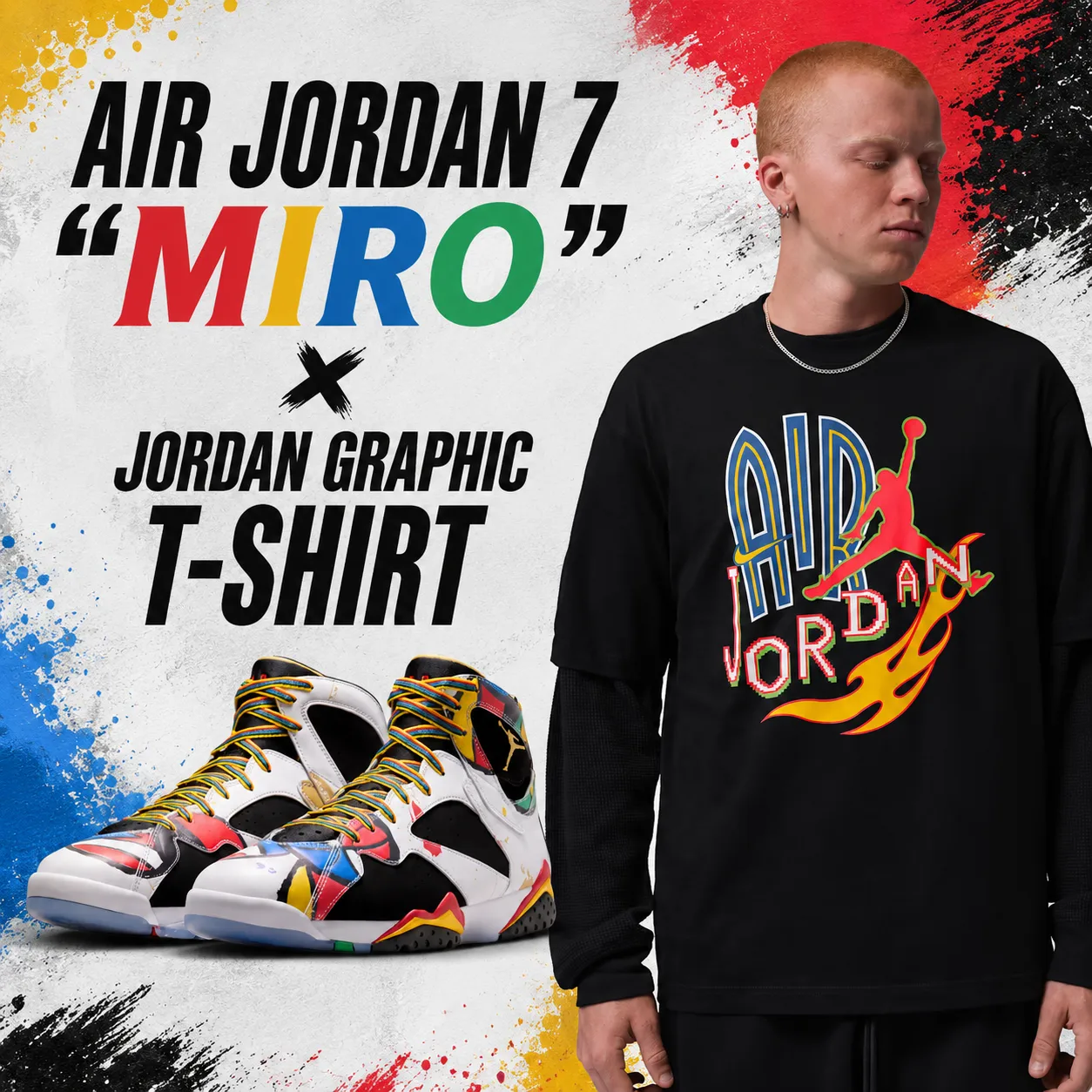 Air Jordan 7 "Miro" sneakers paired with a matching Jordan Graphic T-Shirt in a colorful graphic featuring the shoes and apparel side by side.