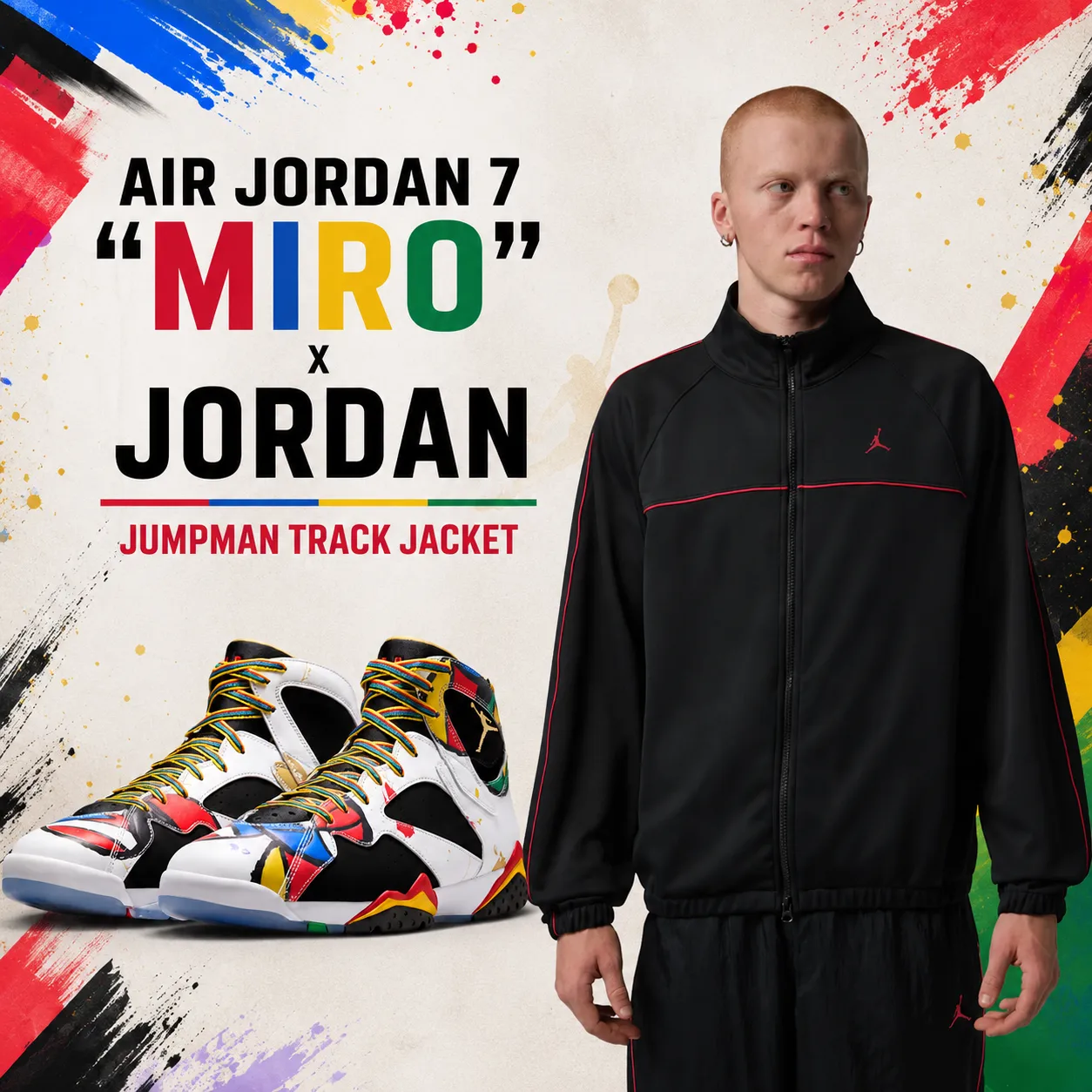 Air Jordan 7 "Miro" sneakers paired with the Jordan Jumpman Track Jacket in a colorful outfit inspiration graphic featuring matching apparel and the iconic multicolor sneaker design.