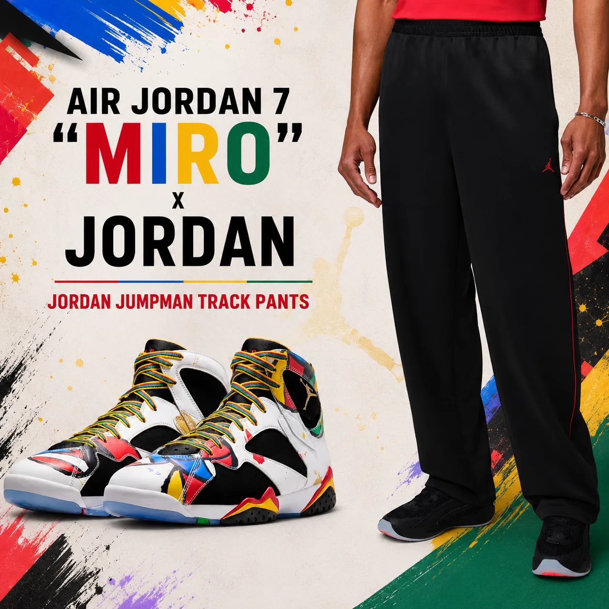 Air Jordan 7 "Miro" sneakers paired with Jordan Jumpman Track Pants in a matching outfit inspiration graphic.