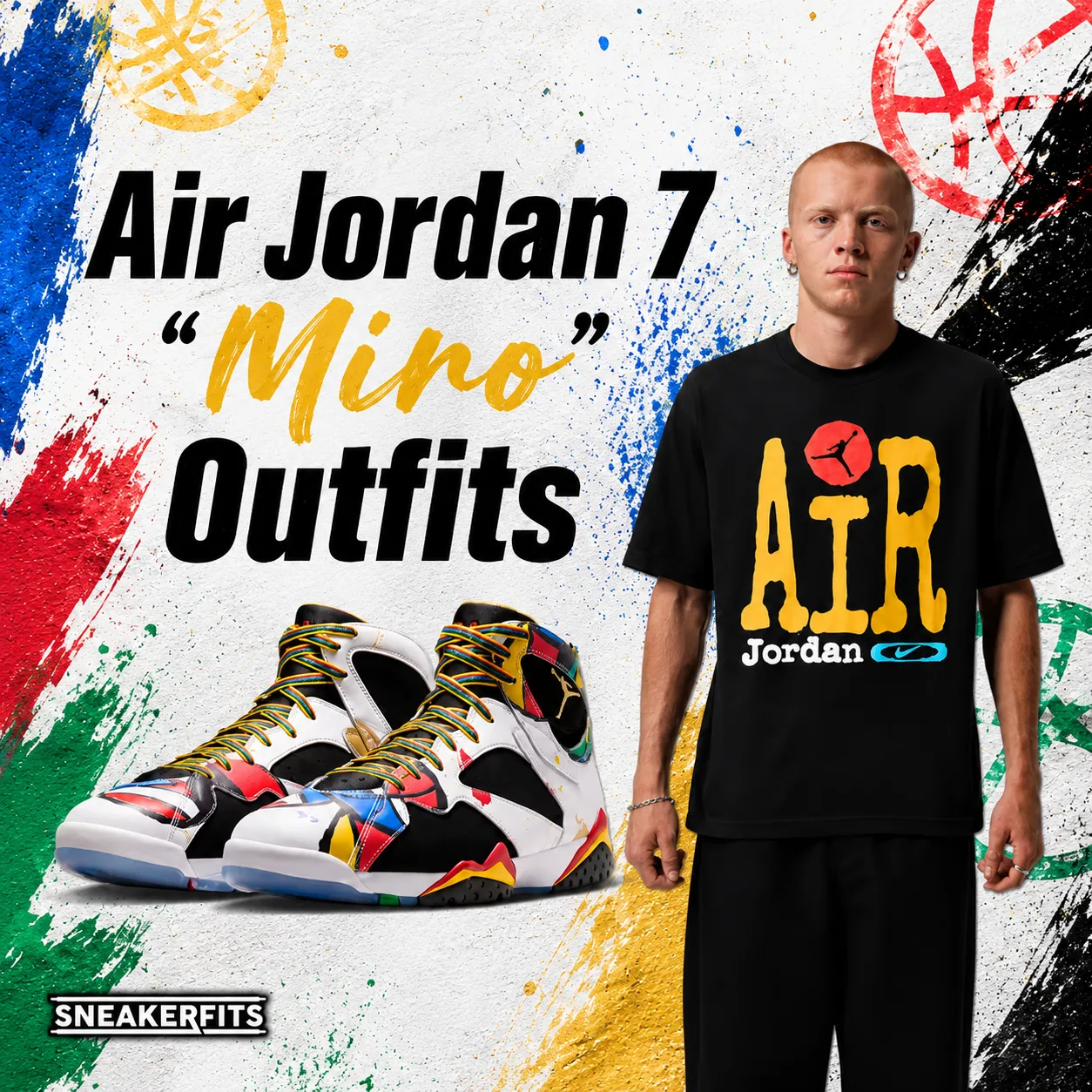 Square SneakerFits social graphic featuring the Air Jordan 7 "Miro" sneakers, a model wearing a matching Jordan graphic T-shirt, and colorful artwork inspired by the sneaker's design.
