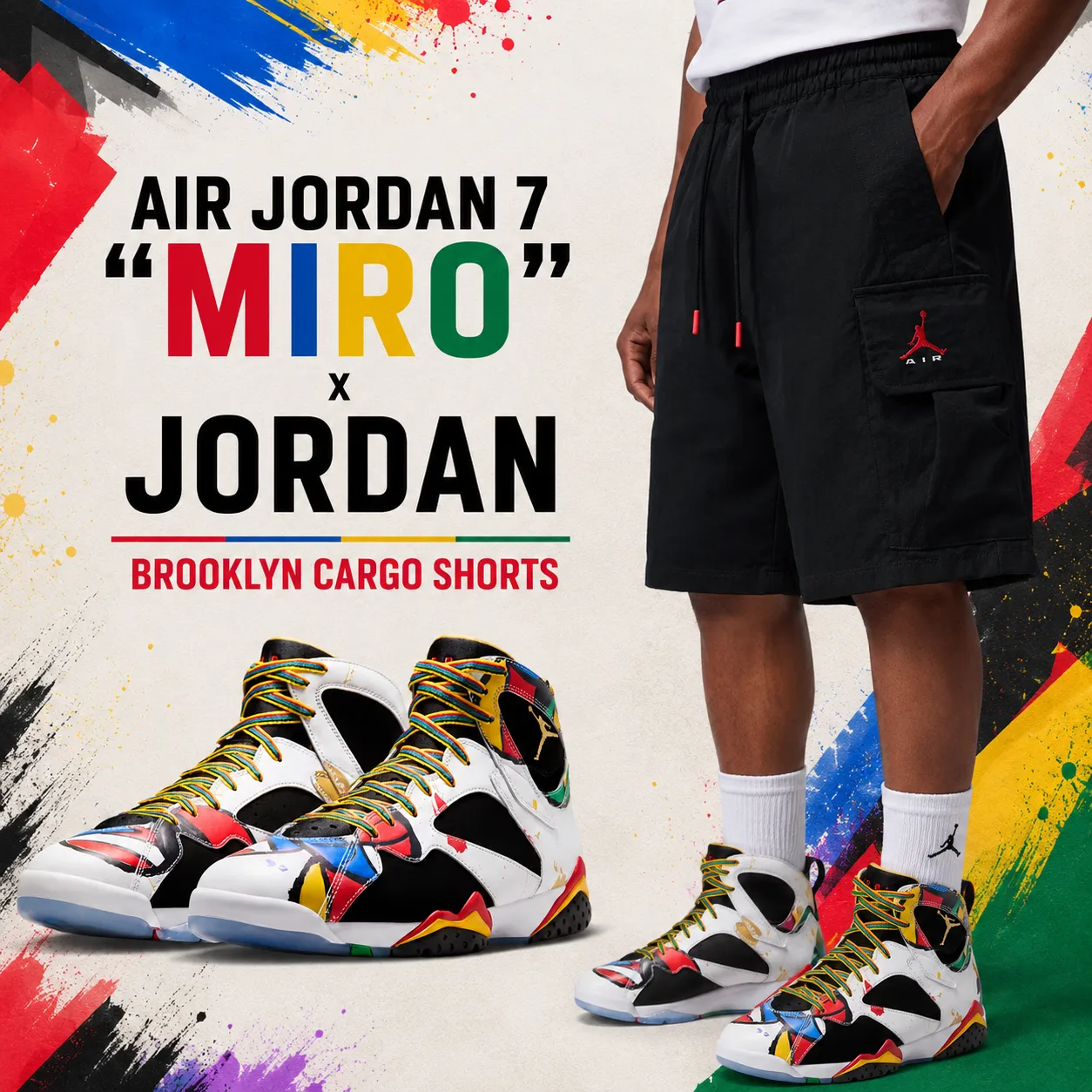Air Jordan 7 "Miro" sneakers paired with Jordan Brooklyn Cargo Shorts in a colorful outfit inspiration graphic featuring matching apparel and footwear.