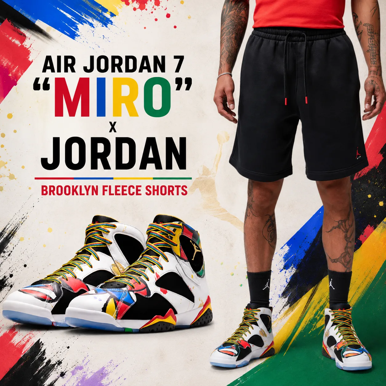 Air Jordan 7 "Miro" sneakers paired with Jordan Brooklyn Fleece Shorts in a colorful outfit inspiration graphic featuring the sneakers alongside a model wearing the matching black fleece shorts.