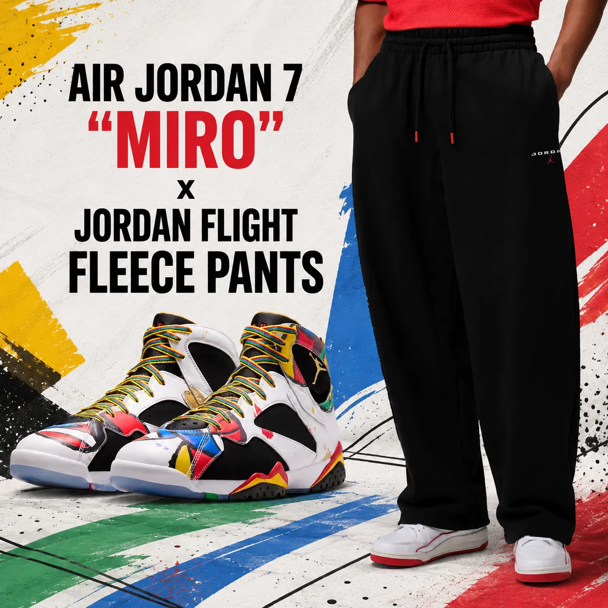Air Jordan 7 "Miro" sneakers paired with Jordan Flight Fleece Pants in a promotional outfit graphic featuring matching apparel inspiration.