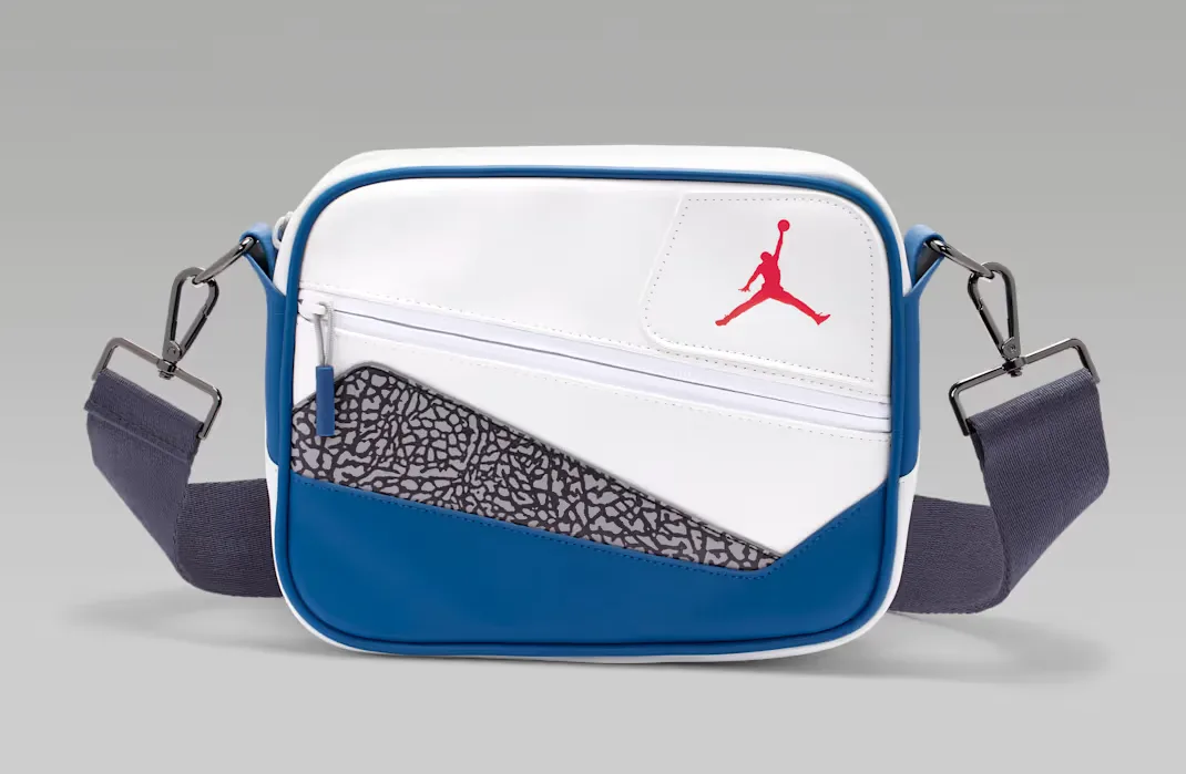 Jordan AJ3 True Blue Messenger Bag in white and blue with elephant print detailing.