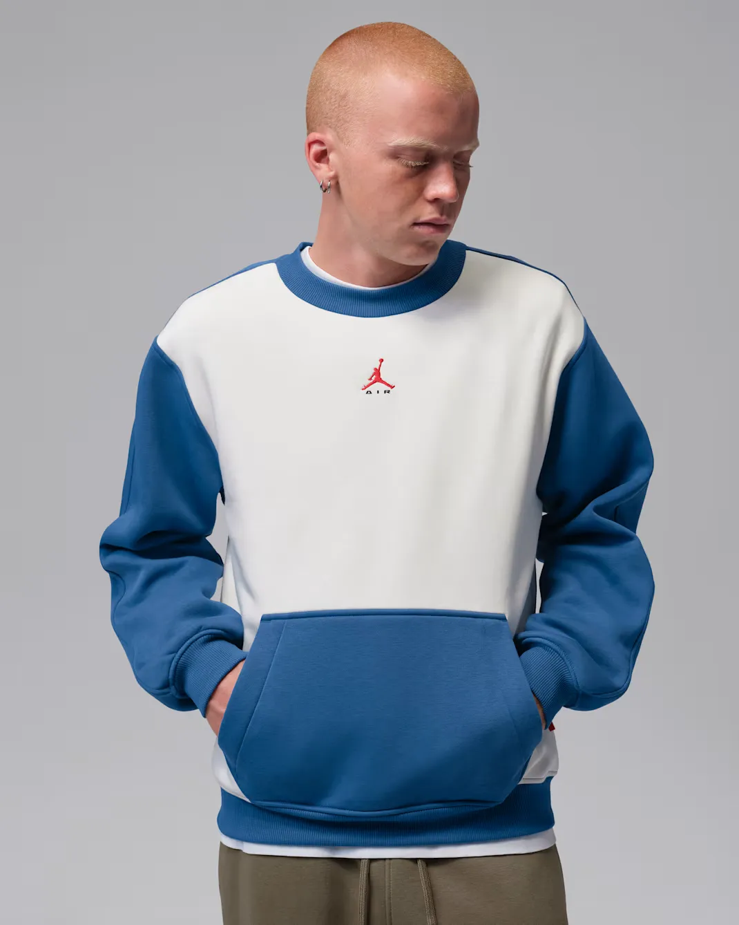 Jordan Brooklyn Fleece Crew-Neck Sweatshirt in Sail, True Blue and University Red.