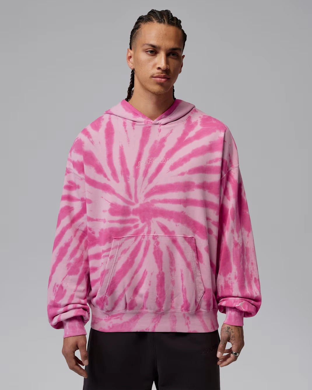 Front view of the Jordan Brooklyn tie-dye fleece hoodie in Iced Carmine, Pinksicle and Pale Ivory.