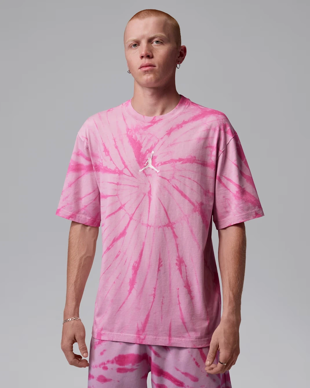 Front view of the Jordan Brooklyn Tie-Dye Festival T-Shirt in Iced Carmine and Pale Ivory.
