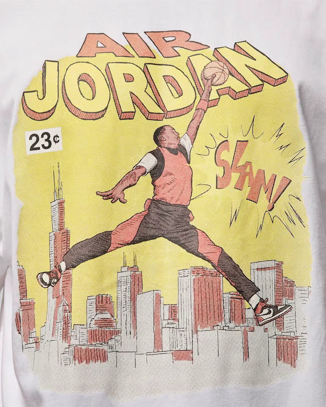 Close-up of the comic book-inspired Air Jordan graphic featured on the Jordan Comic T-Shirt in White.