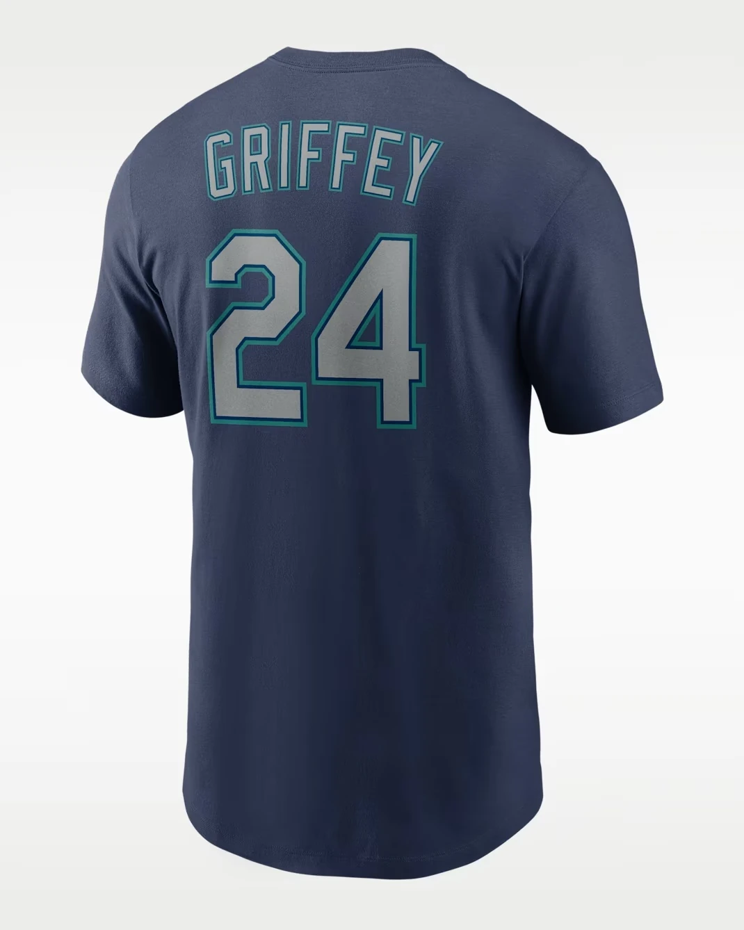 Back view of the Ken Griffey Jr. Seattle Mariners navy T-shirt featuring Griffey's name and number 24.