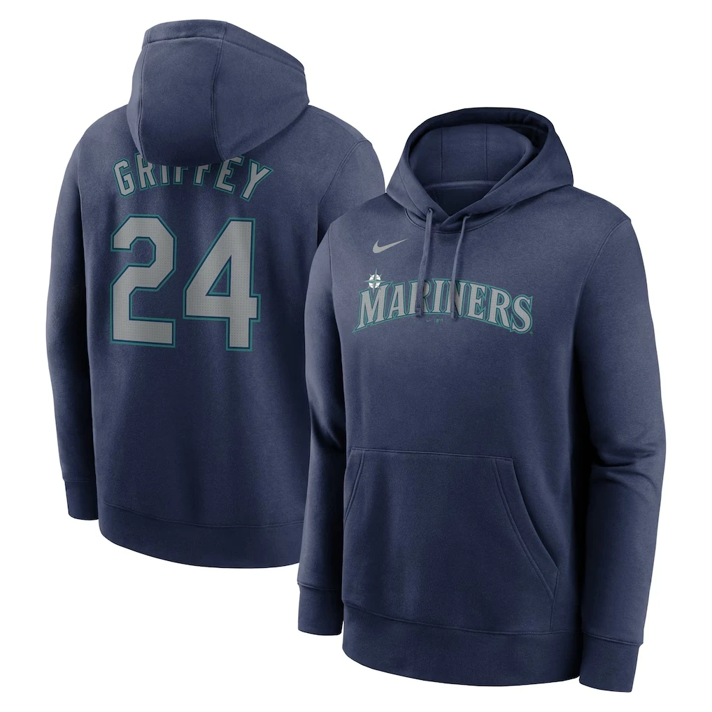 Nike Ken Griffey Jr. Seattle Mariners navy player name and number pullover hoodie that matches the Nike Air Griffey Max 1 "HBCU Swingman Classic" sneakers.