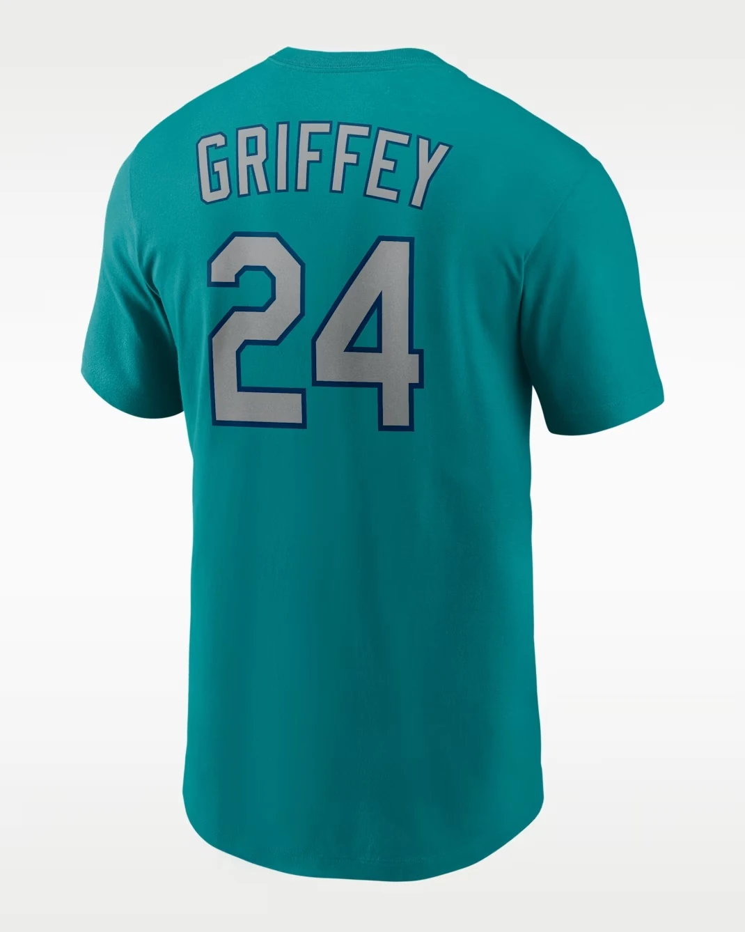 Back view of the Ken Griffey Jr. Seattle Mariners teal T-shirt with Griffey's name and number 24.