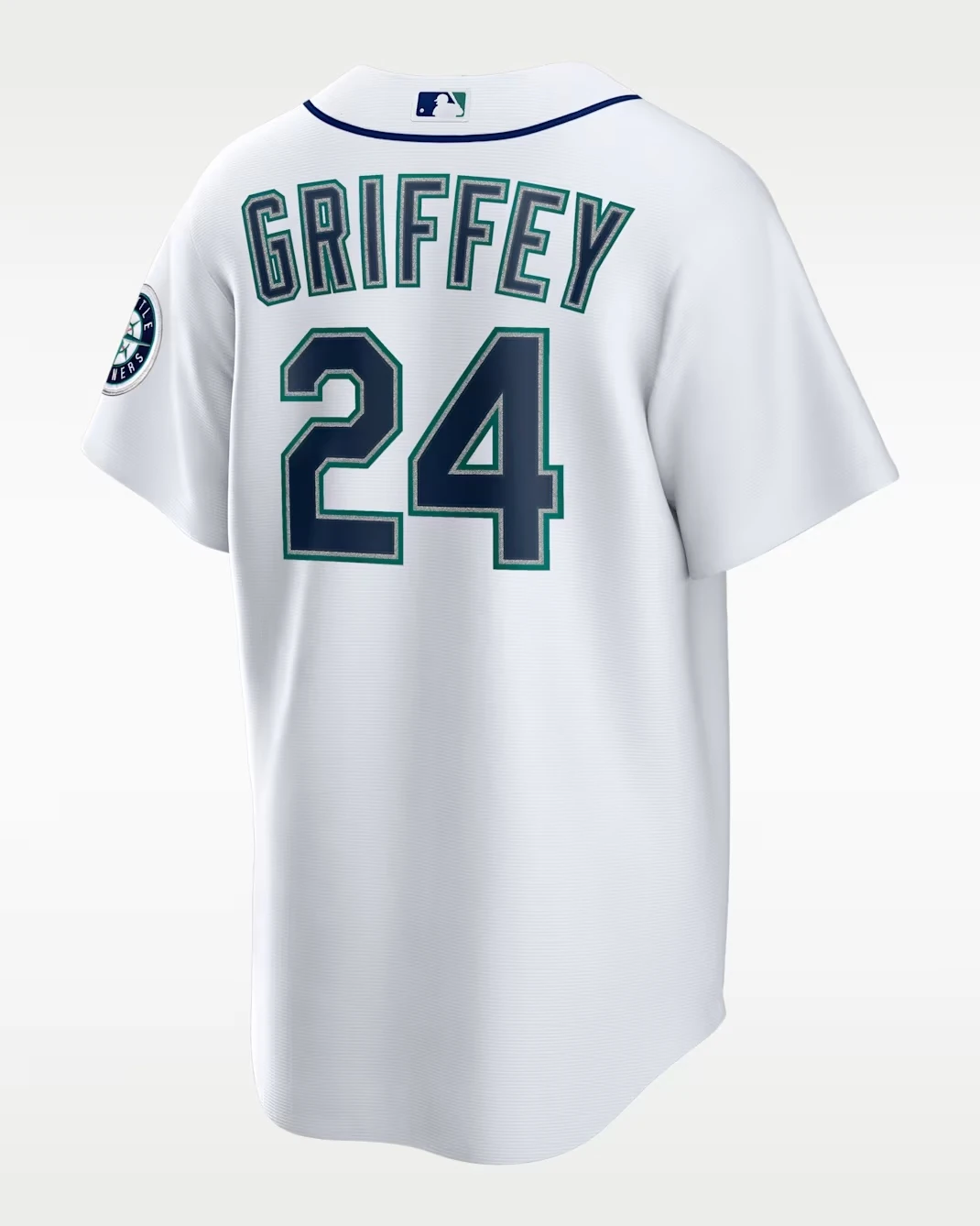 Back view of the Ken Griffey Jr. Seattle Mariners white replica jersey featuring Griffey's name and number 24.