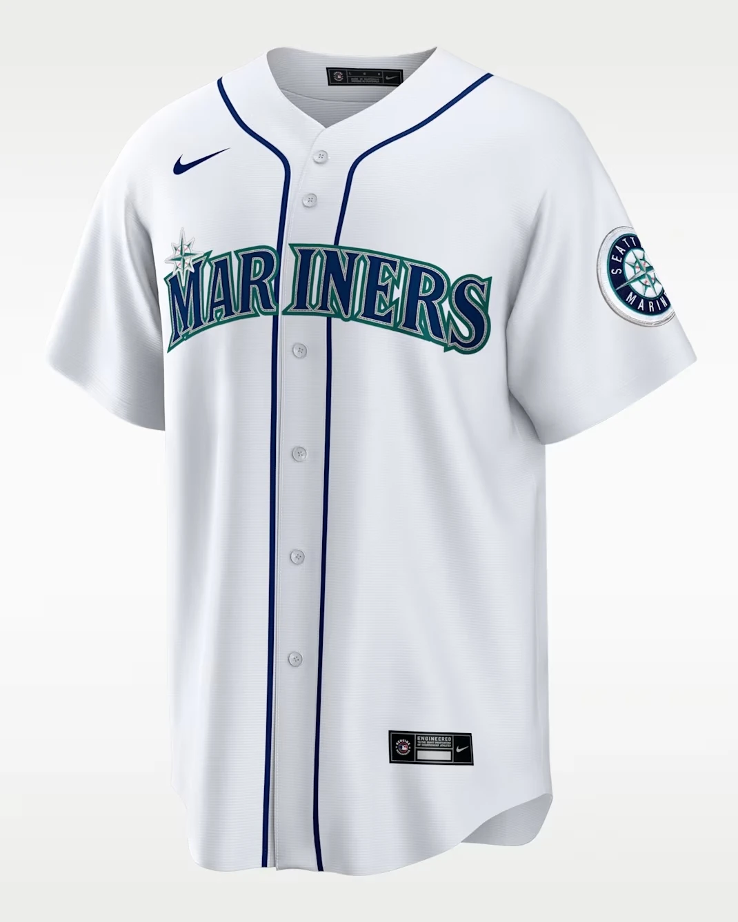 Front view of the Ken Griffey Jr. Seattle Mariners white replica jersey that pairs with the Nike Air Griffey Max 1 "HBCU Swingman Classic."