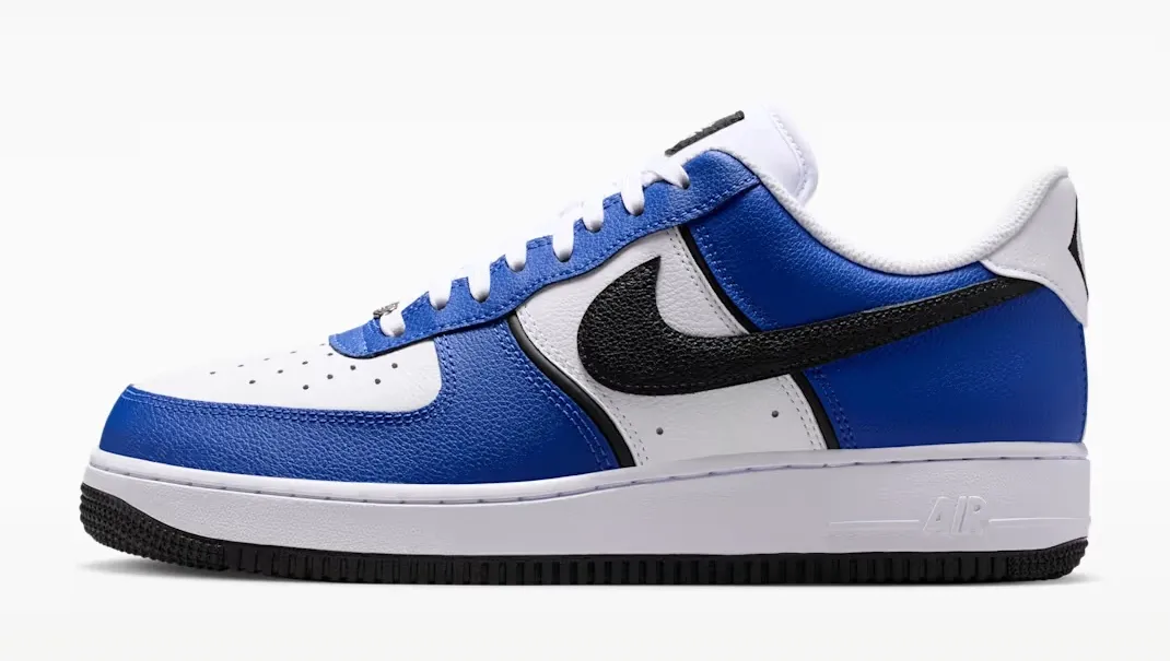 Lateral side view of the Nike Air Force 1 '07 LV8 in Old Royal, White, Metallic Silver and Black.