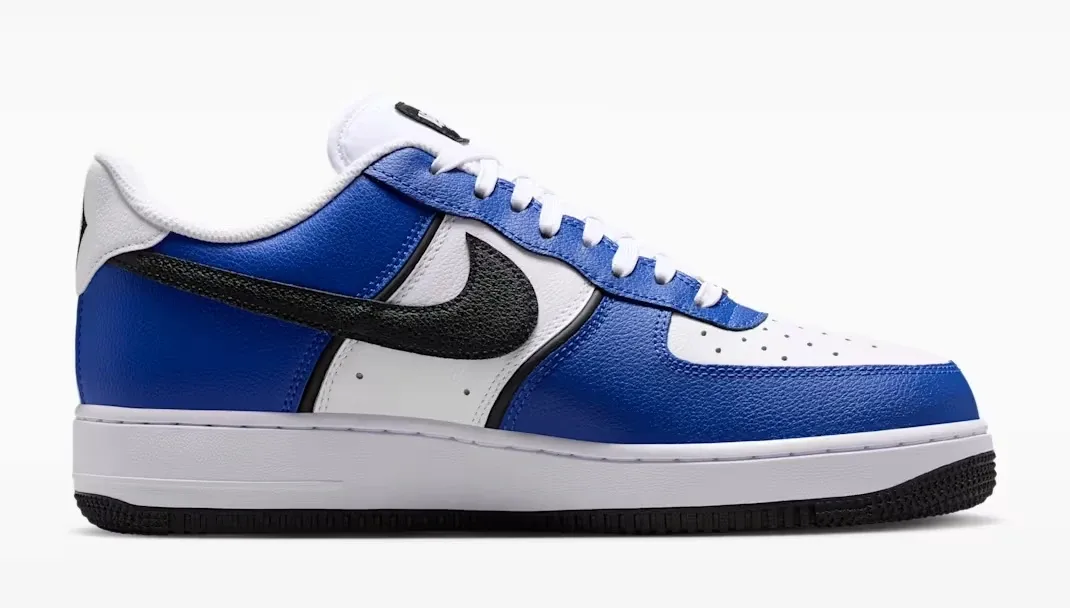 Medial side view of the Nike Air Force 1 '07 LV8 in Old Royal, White, Metallic Silver and Black.