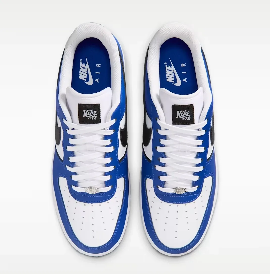 Top-down view of the Nike Air Force 1 '07 LV8 in Old Royal, White, Metallic Silver and Black.