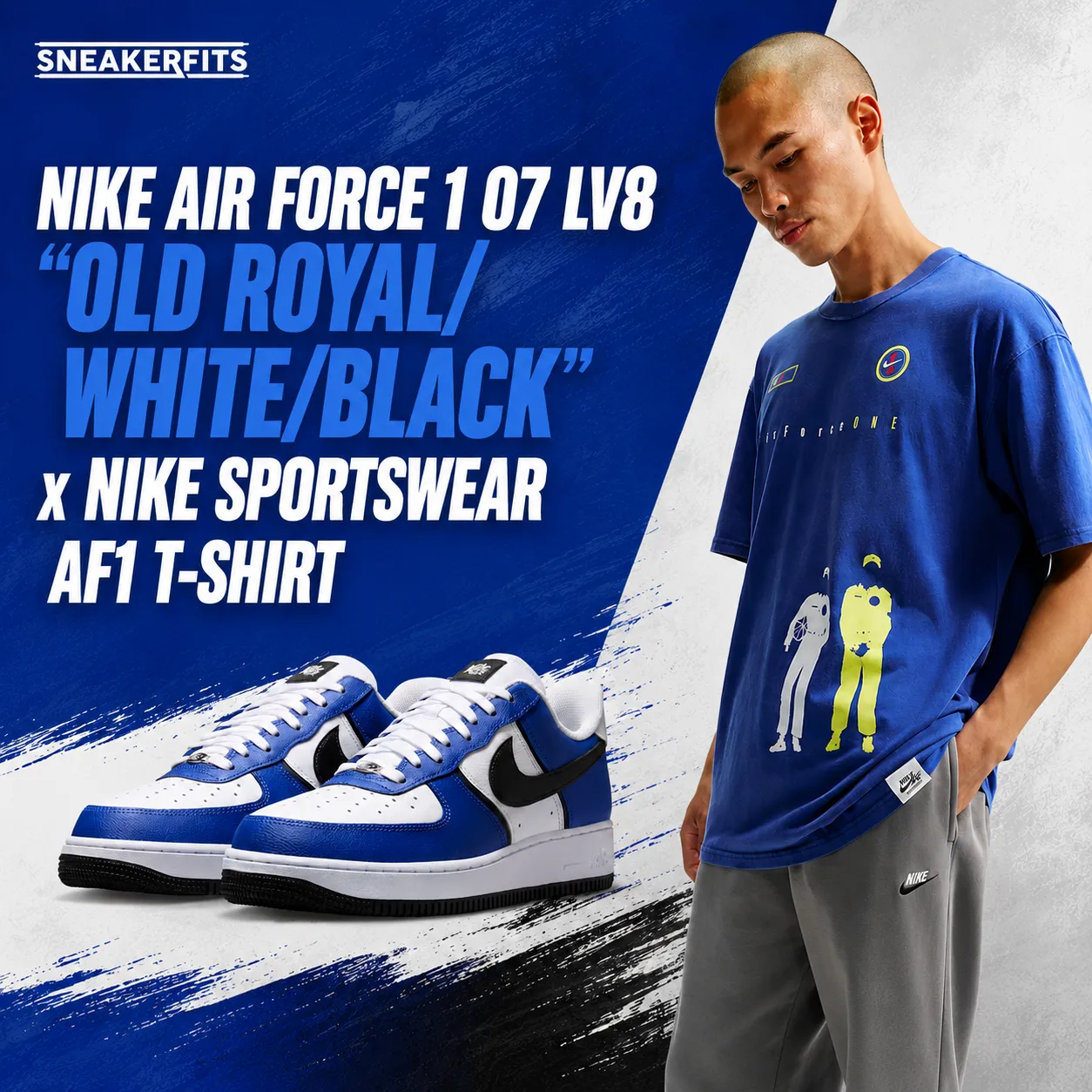 Nike Air Force 1 '07 LV8 "Old Royal/White/Black" sneakers paired with the Nike Sportswear AF1 T-Shirt in a SneakerFits outfit inspiration graphic.