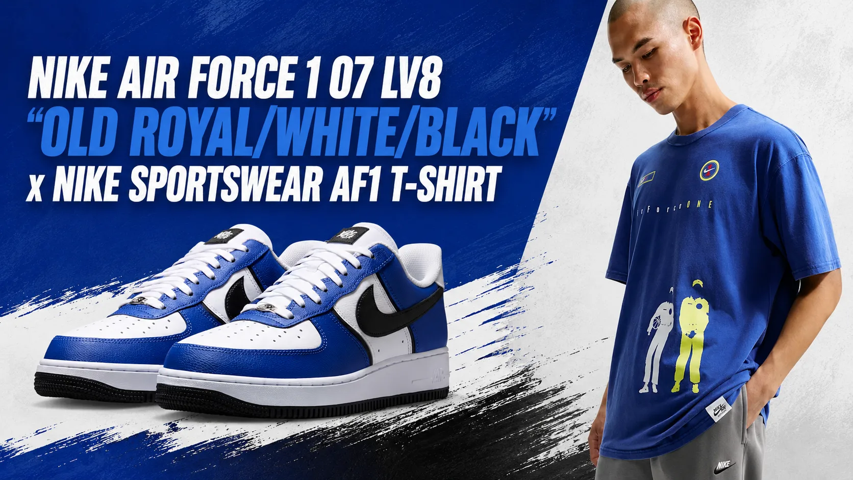 Nike Air Force 1 '07 LV8 "Old Royal/White/Black" sneakers styled with the Nike Sportswear AF1 T-Shirt in Old Royal as a complete matching outfit.