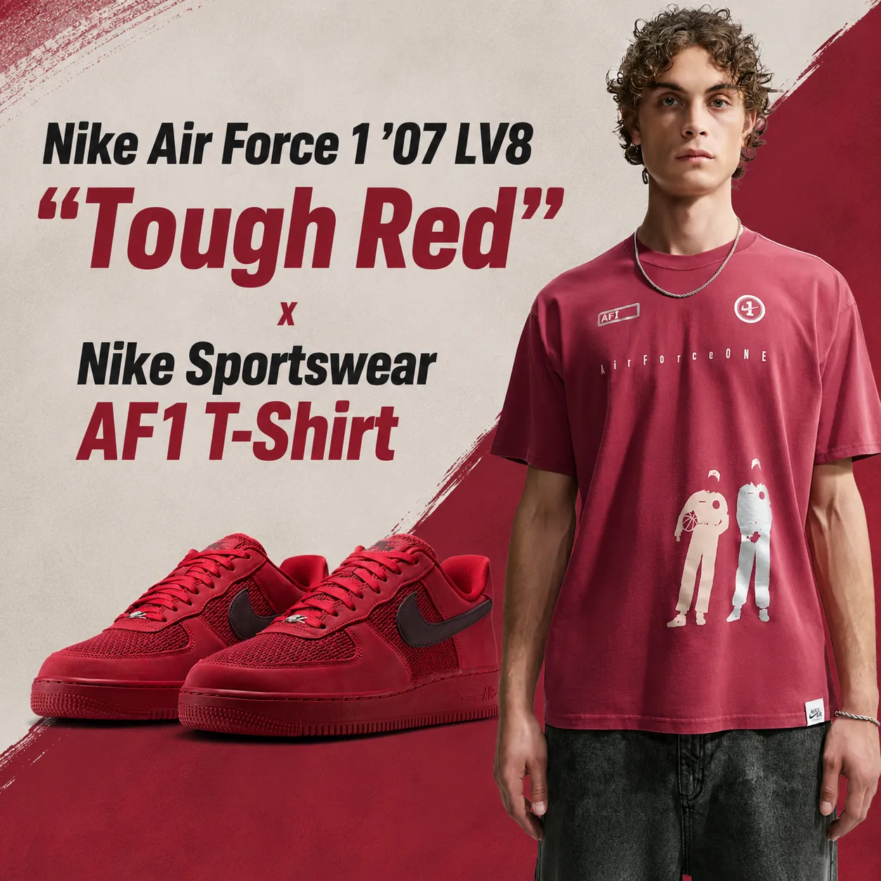 Nike Air Force 1 '07 LV8 "Tough Red" sneakers paired with the Nike Sportswear AF1 T-Shirt in a matching outfit inspiration graphic.