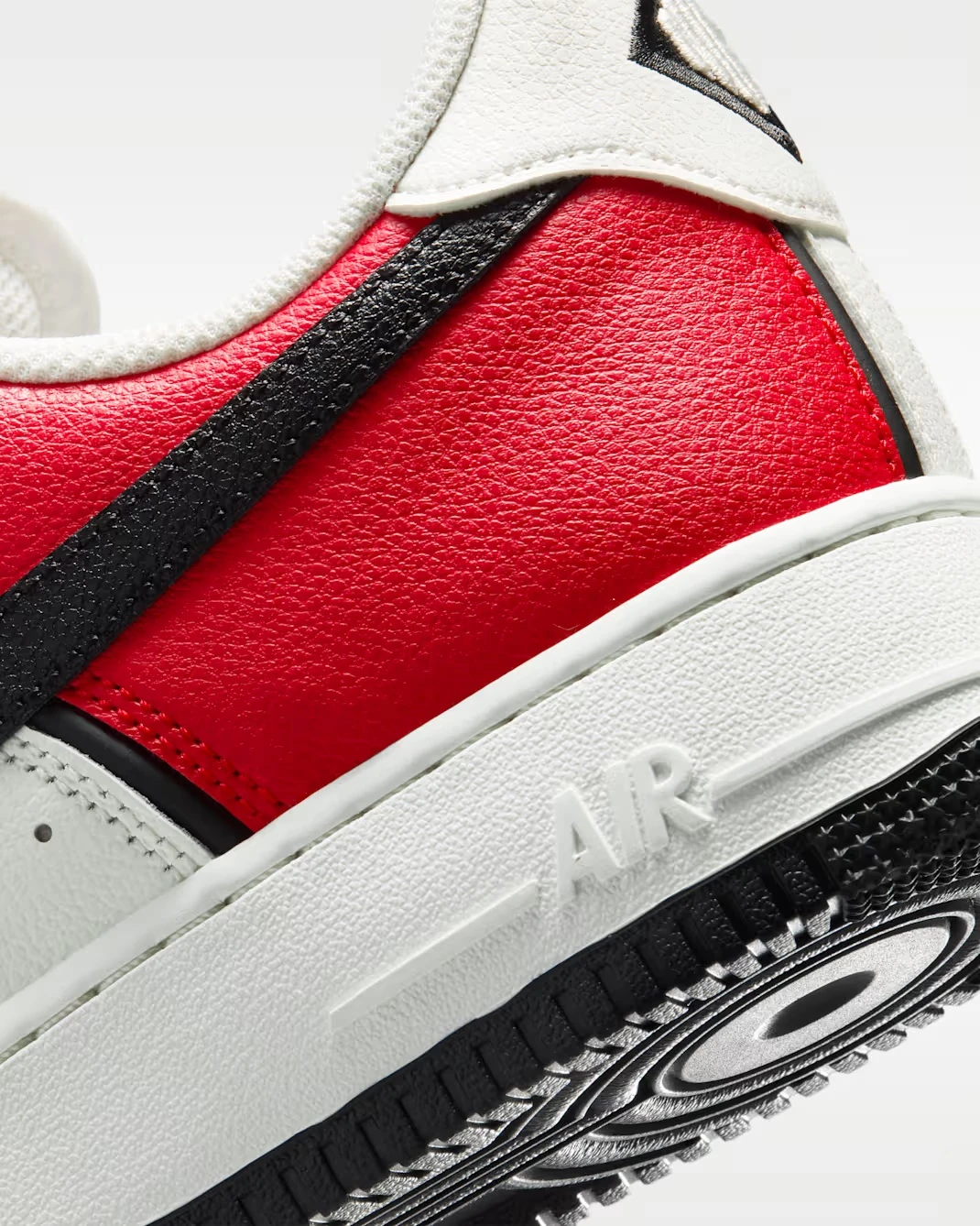 Close-up of the heel section on the Nike Air Force 1 '07 LV8 University Red Sail Black.