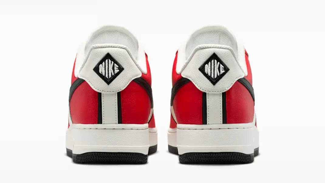 Rear view of the Nike Air Force 1 '07 LV8 in University Red, Sail and Black.