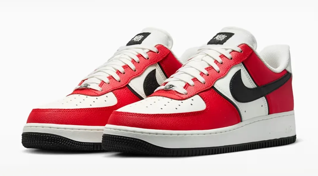 Pair of Nike Air Force 1 '07 LV8 sneakers in University Red, Sail and Black.