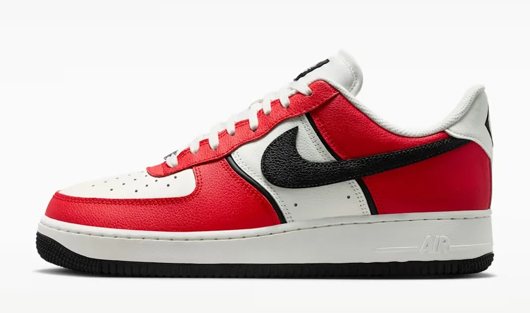 Side view of the Nike Air Force 1 '07 LV8 in University Red, Sail and Black.