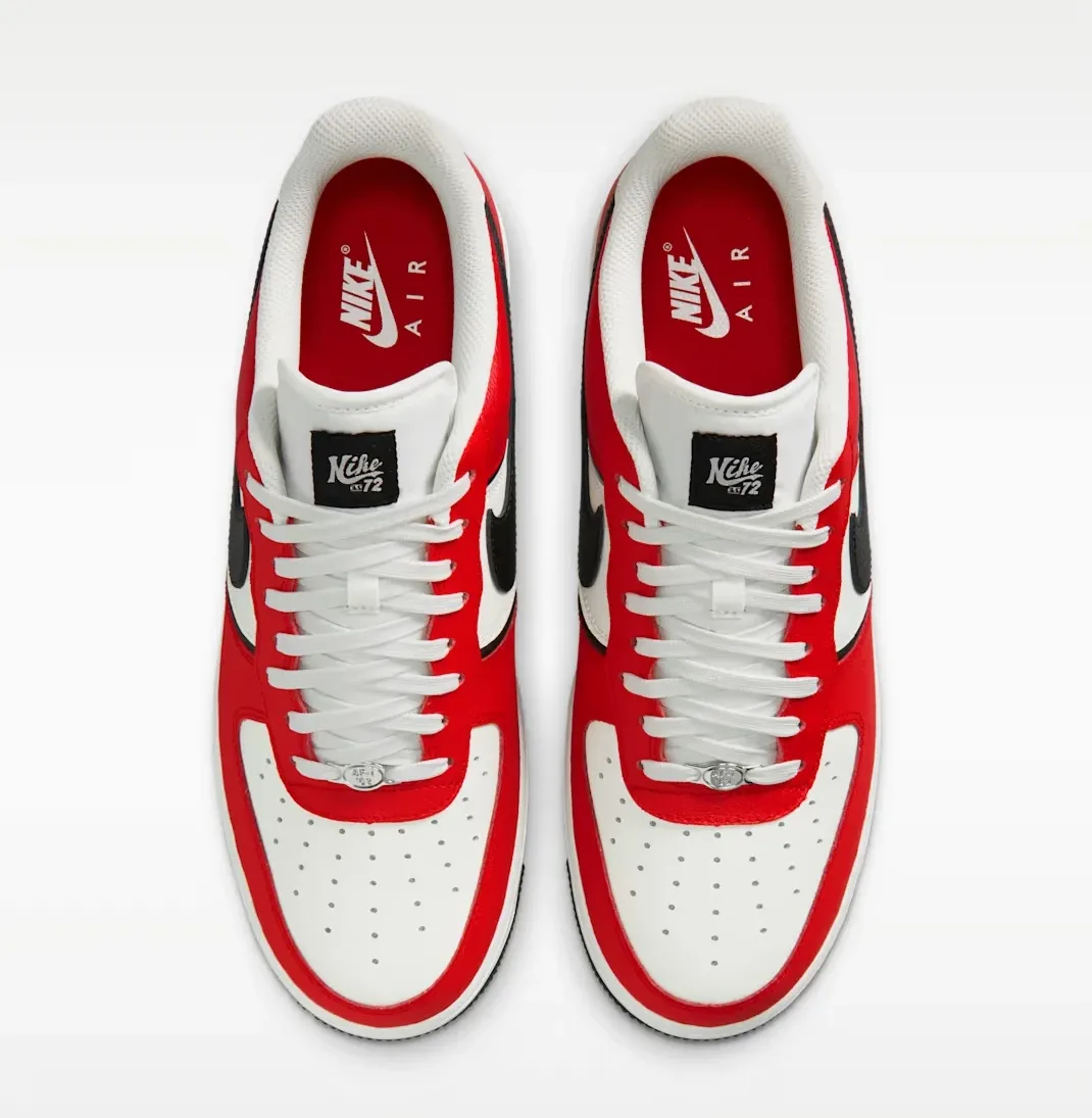 Top view of the Nike Air Force 1 '07 LV8 featuring white laces and red overlays.