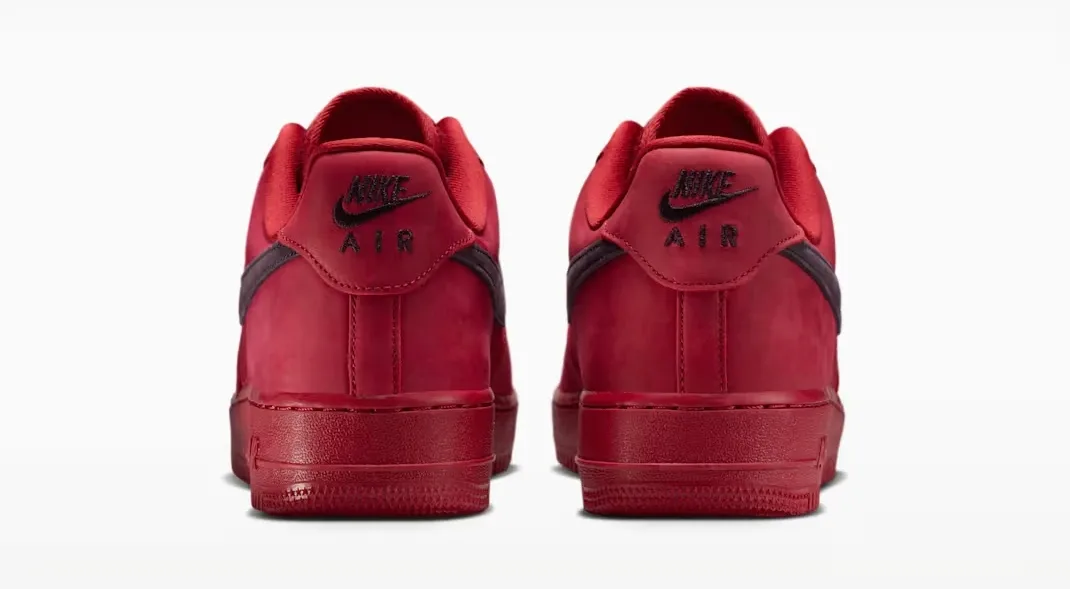 Heel view of the Nike Air Force 1 Low "Tough Red" sneakers in Tough Red, Team Red and Metallic Silver.
